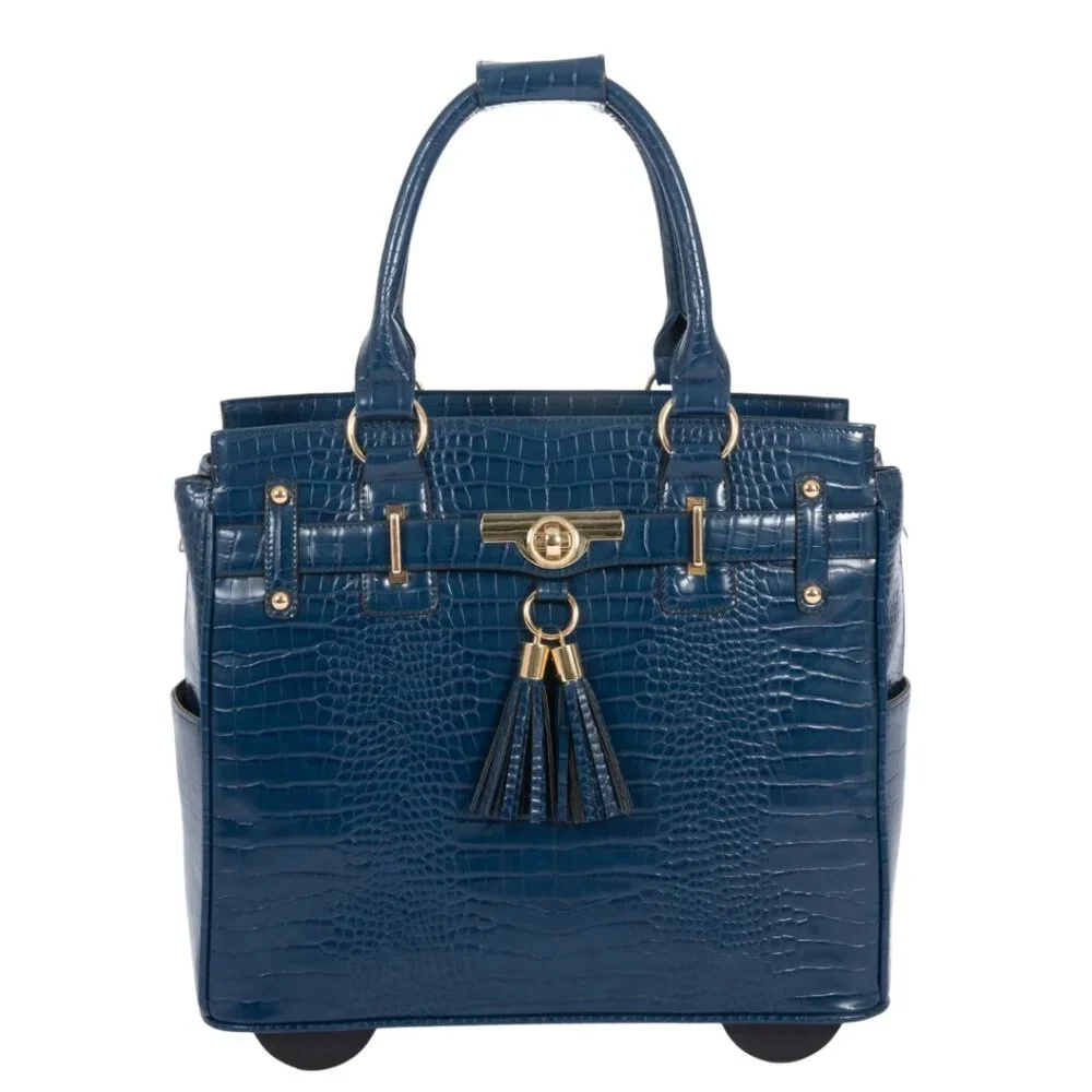 THE RIVIERA Blue Alligator Rolling Laptop Bag, Rolling Briefcase for Women